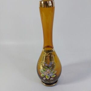 Vtg Bohemian Orange/Gold Ucagco Japan Glass Bud Vase Hand Painted Enamel Flowers